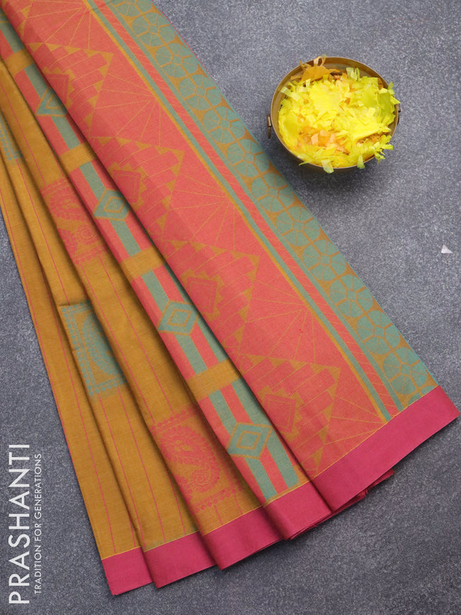 Nithyam cotton saree mustard shade and pink with allover thread stripes pattern & box type buttas and simple border