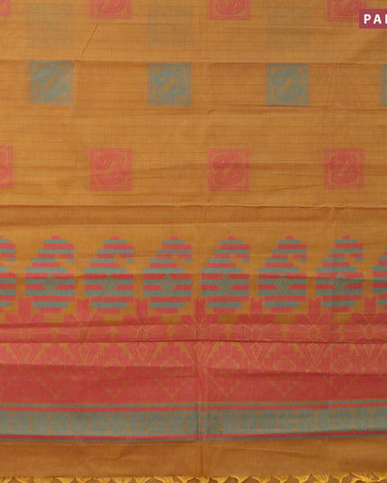 Nithyam cotton saree mustard shade and pink with allover thread stripes pattern & box type buttas and simple border