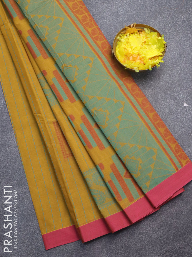 Nithyam cotton saree drak mustard and pink with allover thread stripes pattern & box type buttas and simple border