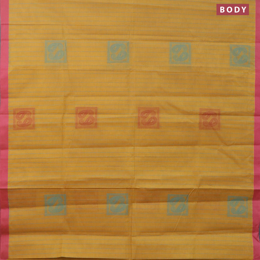 Nithyam cotton saree drak mustard and pink with allover thread stripes pattern & box type buttas and simple border