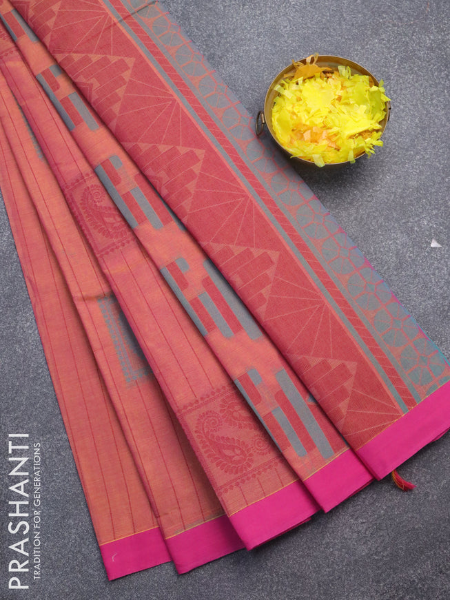 Nithyam cotton saree dual shade of yellowish pink and pink with allover thread stripes pattern & box type buttas and simple border