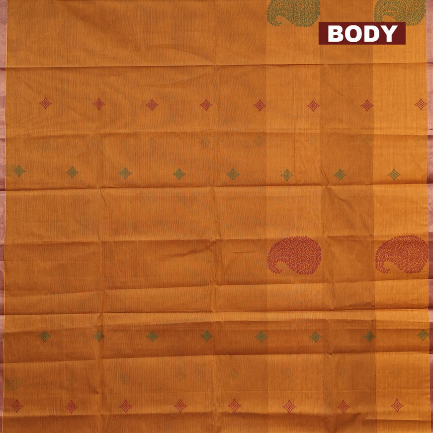 Nithyam cotton saree dark mustard with thread woven buttas and zari woven border
