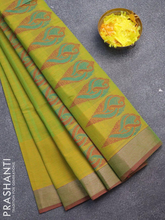 Nithyam cotton saree dual shade of light green and maroon with allover thread checked pattern & buttas and zari woven border