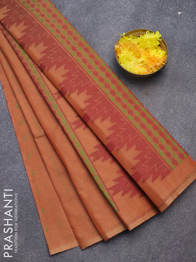 Nithyam cotton saree rust shade with geometric thread woven buttas in borderless style