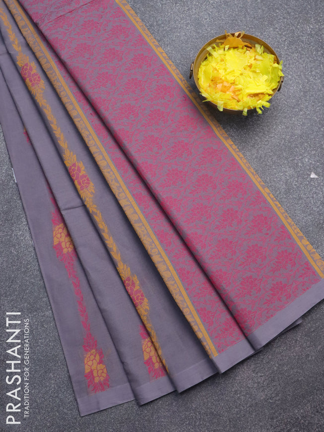 Nithyam cotton saree grey with allover thread weaves in borderless style