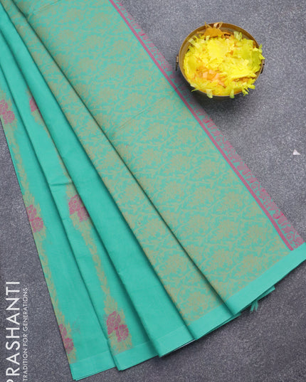 Nithyam cotton saree teal green with allover thread weaves in borderless style