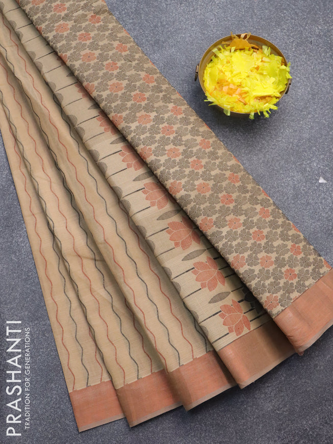 Nithyam cotton saree sandal with allover thread weaves & buttas and copper zari woven border