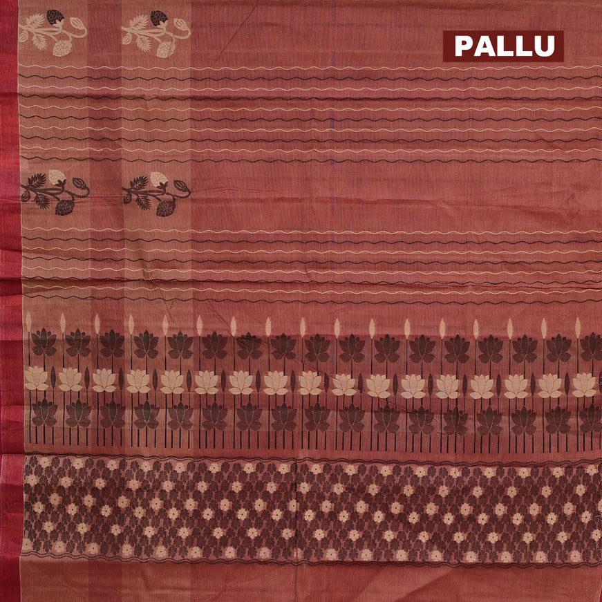 Nithyam cotton saree dual shade of beigish maroon and maroon with allover thread weaves & buttas and copper zari woven border