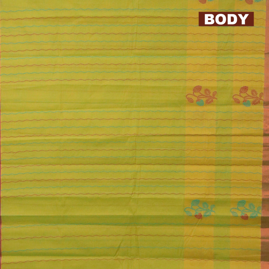 Nithyam cotton saree mustard green and dual shade of greenish maroon with allover thread weaves and zari woven border