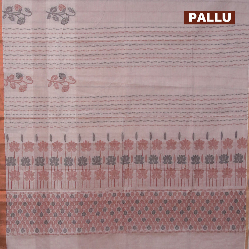 Nithyam cotton saree beige and sandal with allover thread weaves and zari woven border