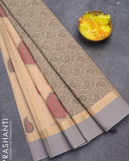 Nithyam cotton saree sandal and grey with thread woven paisley buttas and zari woven simple border