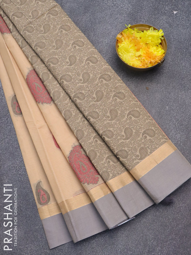 Nithyam cotton saree sandal and grey with thread woven paisley buttas and zari woven simple border