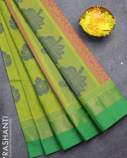 Nithyam cotton saree dual shade of greenish yellow and green with thread woven buttas and zari woven simple border