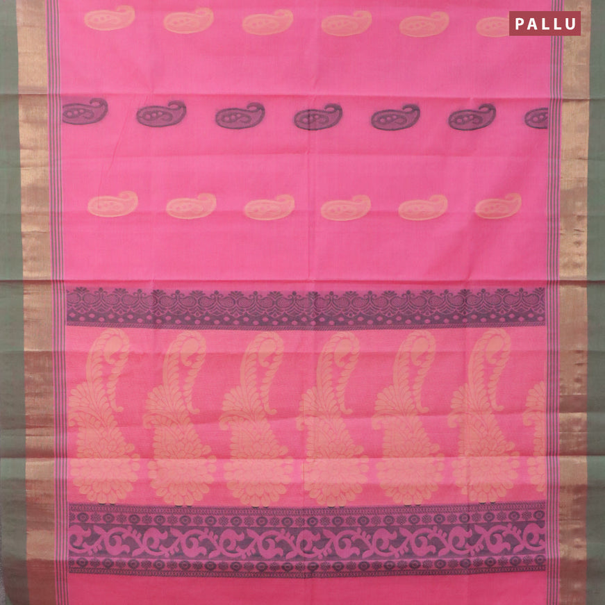 Nithyam cotton saree pink and green with thread woven buttas and zari woven simple border