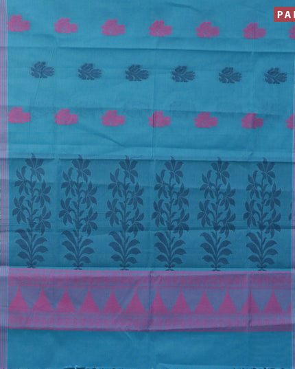Nithyam cotton saree blue and pink with thread woven buttas and zari woven simple border