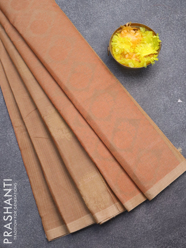 Nithyam cotton saree chikku shade with allover copper zari weaves & zari buttas in borderless style