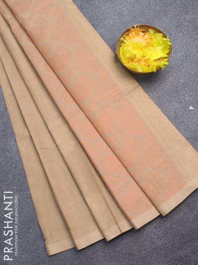 Nithyam cotton saree beige with allover copper zari weaves & zari buttas in borderless style