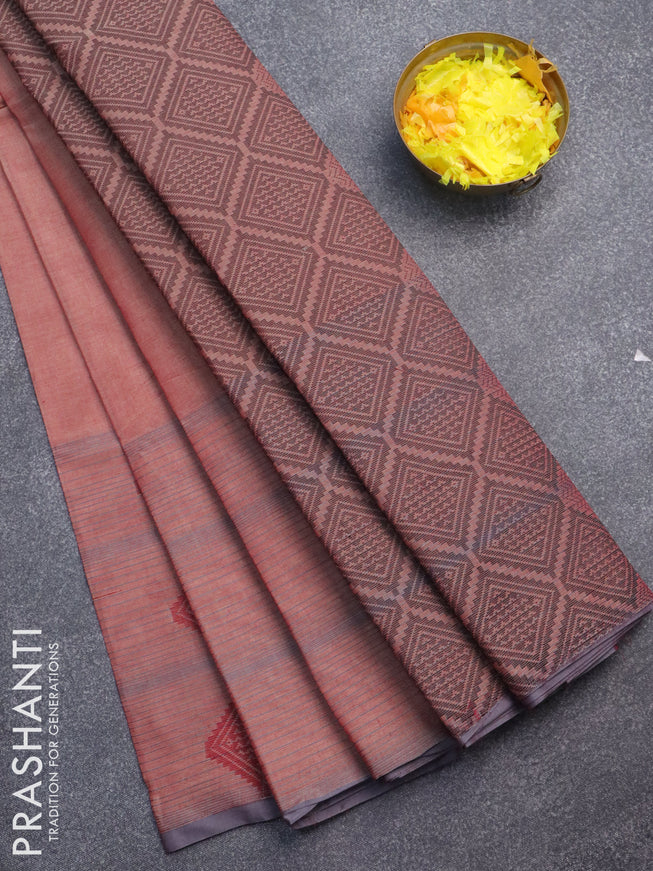 Nithyam cotton saree dual shade of maroon and grey with allover thread stripes & buttas and piping border