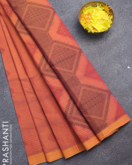 Nithyam cotton saree dual shade of pink and mustard yellow with allover thread stripes & buttas and piping border