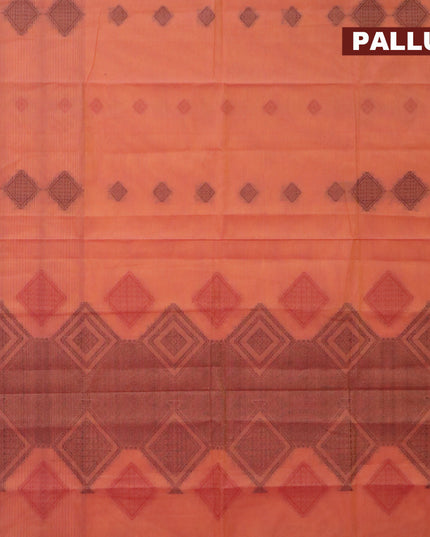 Nithyam cotton saree dual shade of pink and mustard yellow with allover thread stripes & buttas and piping border