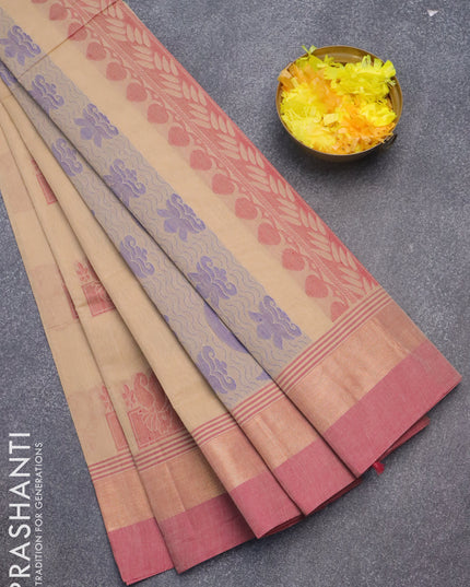 Nithyam cotton saree beige and maroon with allover thread woven buttas and simple zari woven border