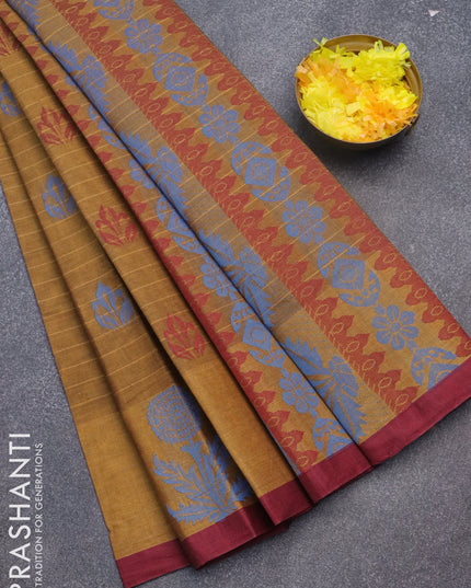 Nithyam cotton saree dark mustard yellow and maroon with allover thread stripes & buttas and thread woven butta border