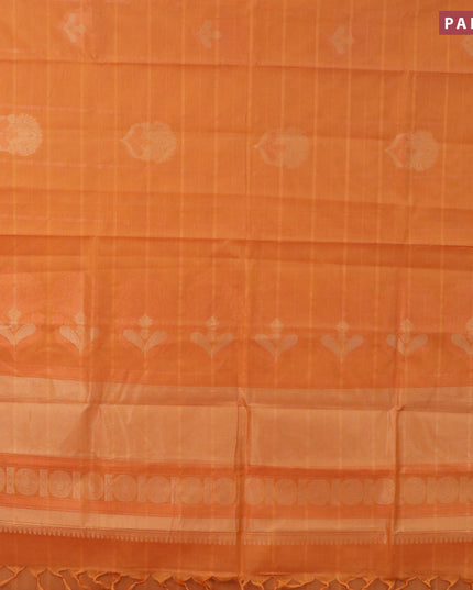 Nithyam cotton saree mustard orange with allover copper zari weaves & zari buttas in borderless style