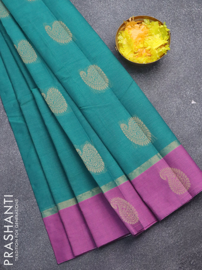 Nithyam cotton saree peacock blue and pink with paisley thread woven butta and zari woven thread butta border