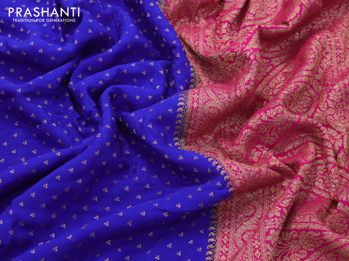 Pure banarasi crepe silk saree royal blue and pink with allover thread & zari butta weaves and woven border