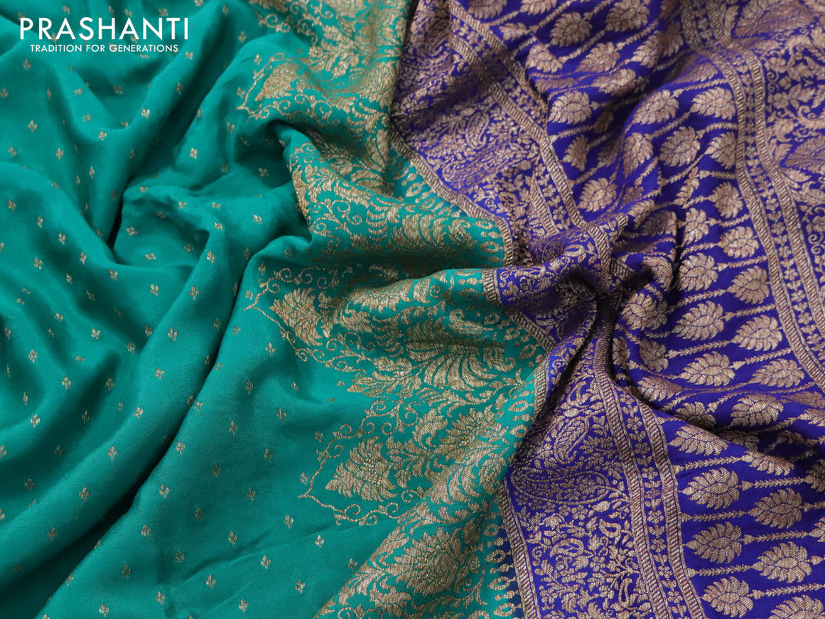 Pure banarasi crepe silk saree teal green and blue with allover thread & zari butta weaves and woven border