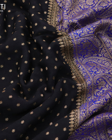 Pure banarasi crepe silk saree black and blue with allover thread & zari butta weaves and woven border
