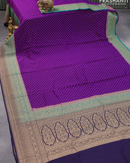 Pure banarasi crepe silk saree violet and teal blue dark blue with allover thread & zari butta weaves and woven border