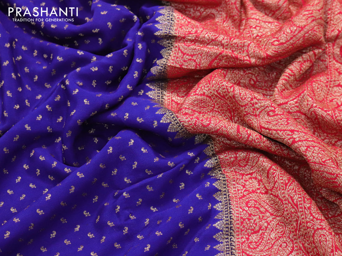 Pure banarasi crepe silk saree blue and red with allover thread & zari butta weaves and woven border