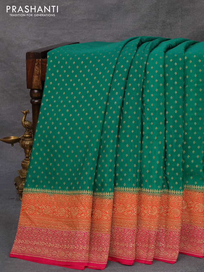Pure banarasi crepe silk saree green and orange pink with allover thread & zari butta weaves and woven border