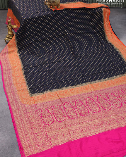 Pure banarasi crepe silk saree black and orange pink with allover thread & zari butta weaves and woven border