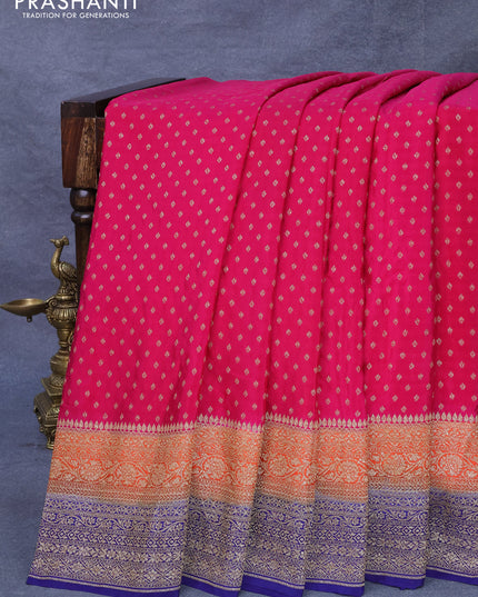 Pure banarasi crepe silk saree pink and orange blue with allover thread & zari butta weaves and woven border