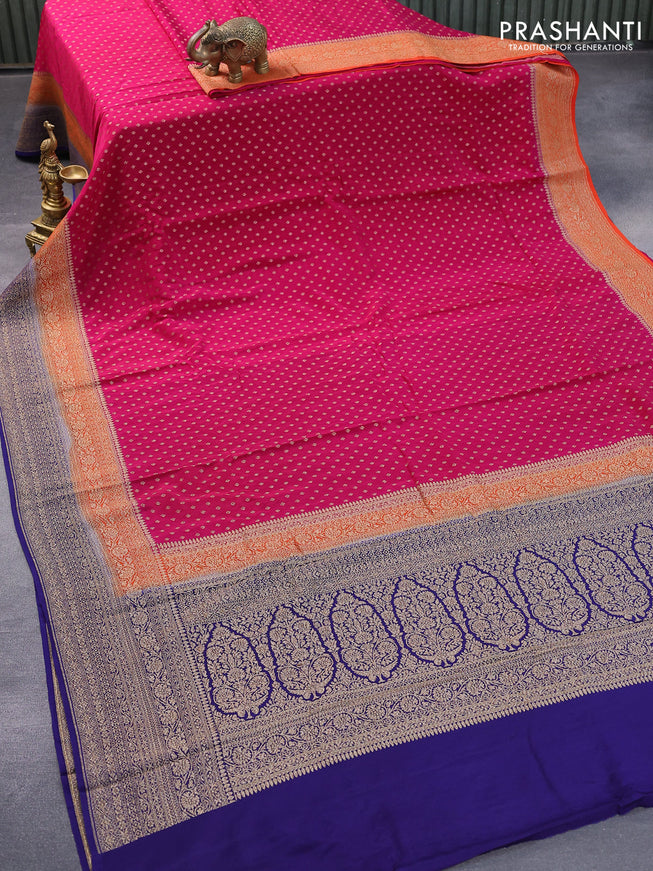 Pure banarasi crepe silk saree pink and orange blue with allover thread & zari butta weaves and woven border