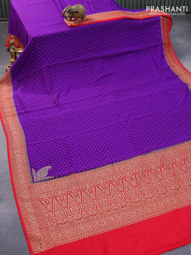 Pure banarasi crepe silk saree violet and red with allover thread & zari butta weaves and woven border
