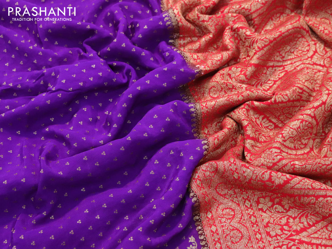 Pure banarasi crepe silk saree violet and red with allover thread & zari butta weaves and woven border