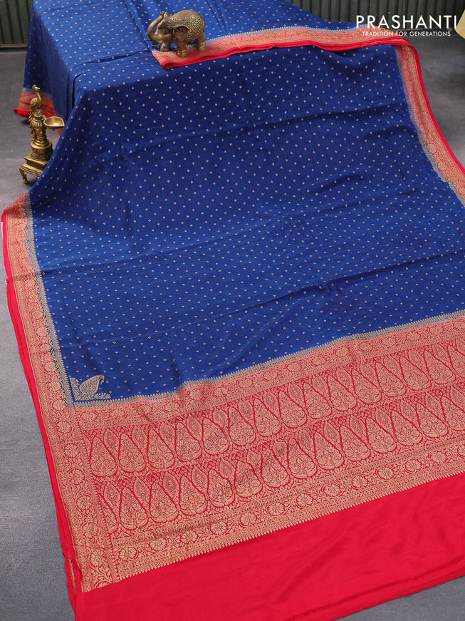 Pure banarasi crepe silk saree peacock blue and red with allover thread & zari butta weaves and woven border