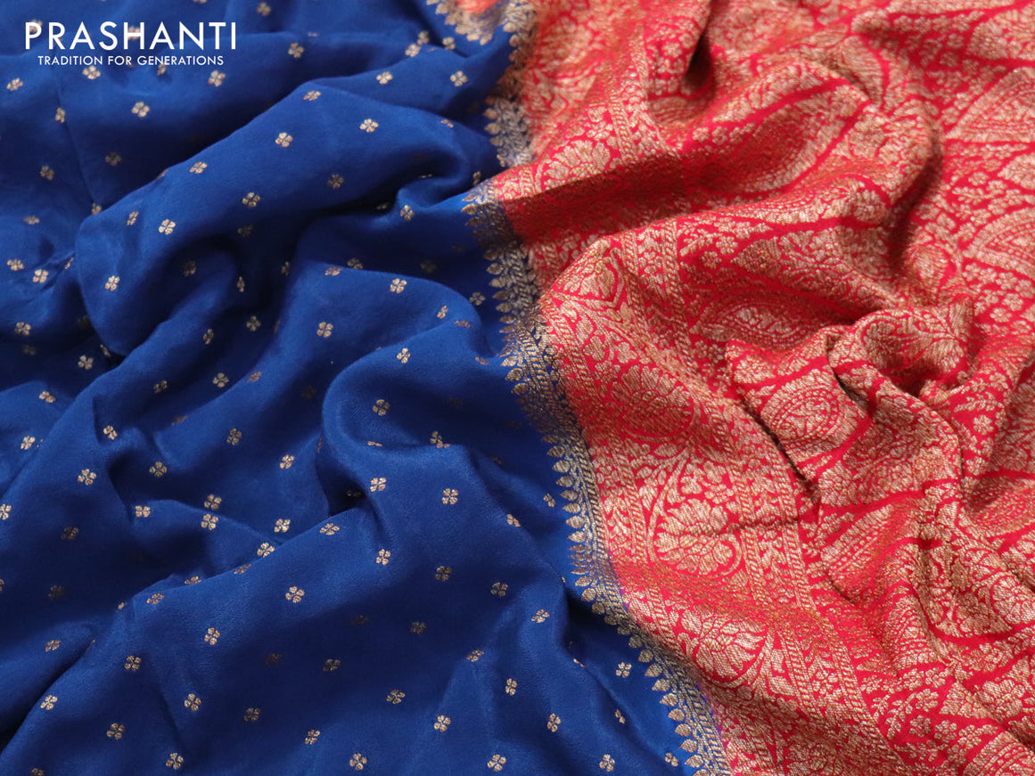 Pure banarasi crepe silk saree peacock blue and red with allover thread & zari butta weaves and woven border