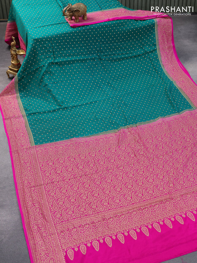 Pure banarasi crepe silk saree teal green and pink with allover thread & zari butta weaves and woven border