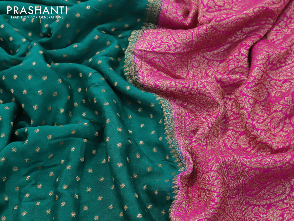 Pure banarasi crepe silk saree teal green and pink with allover thread & zari butta weaves and woven border