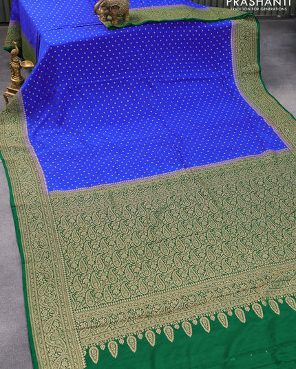 Pure banarasi crepe silk saree royal blue and green with allover thread & zari butta weaves and woven border