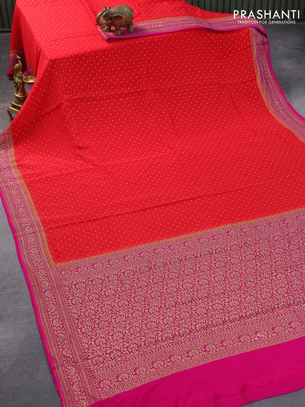 Pure banarasi crepe silk saree red and pink with allover thread & zari butta weaves and woven border