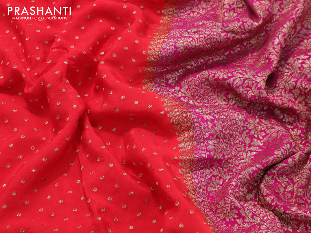 Pure banarasi crepe silk saree red and pink with allover thread & zari butta weaves and woven border