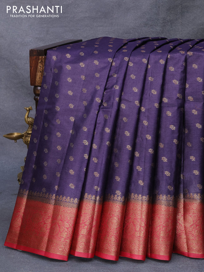 Banarasi tussar silk saree dark blue and maroon with allover thread & zari woven buttas and woven border