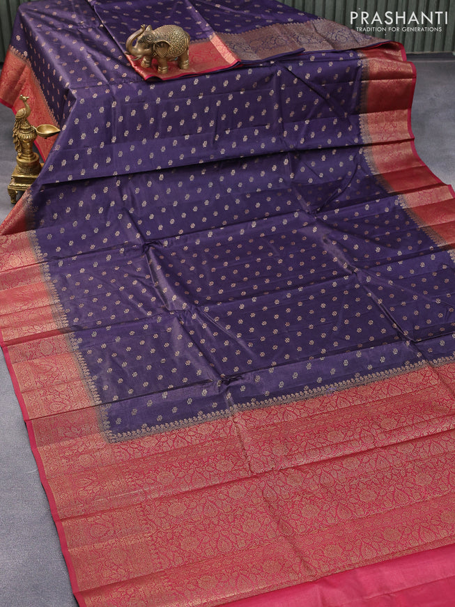 Banarasi tussar silk saree dark blue and maroon with allover thread & zari woven buttas and woven border
