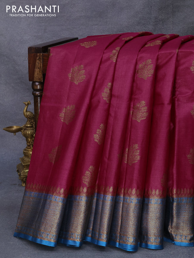 Banarasi tussar silk saree magenta pink and peacock blue with thread & zari woven buttas and woven border