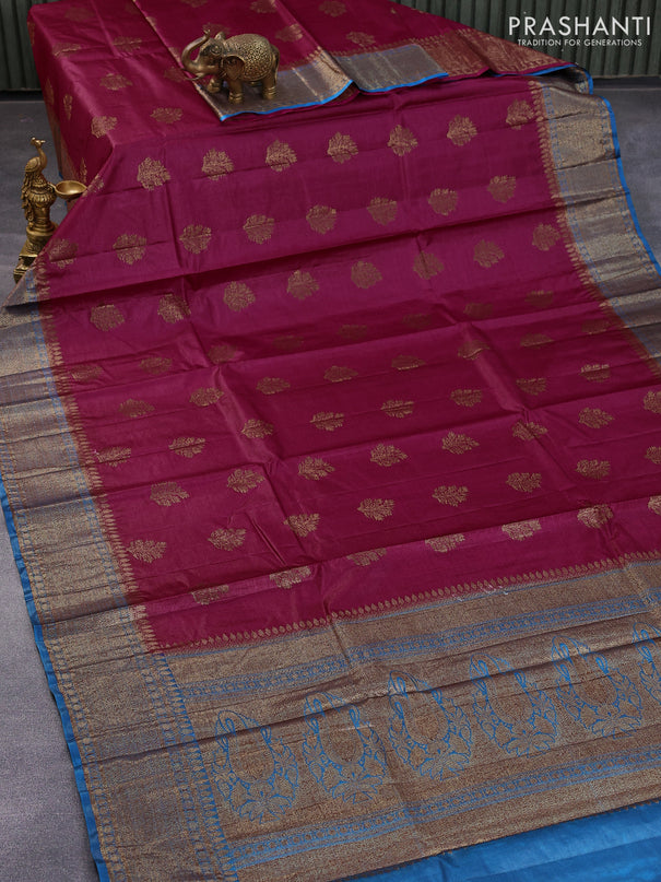 Banarasi tussar silk saree magenta pink and peacock blue with thread & zari woven buttas and woven border